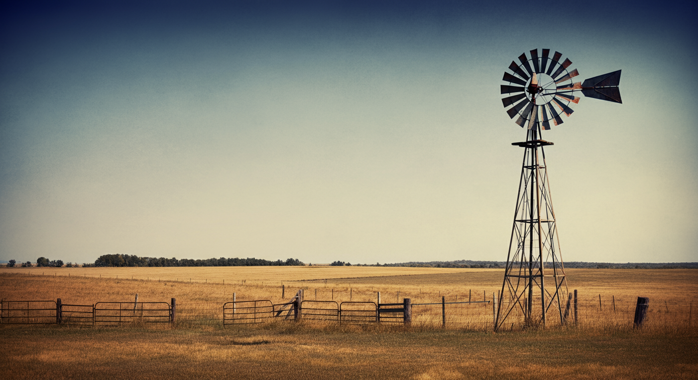 A windmill on a rural farm landscape with open fields and a fence under a clear sky.