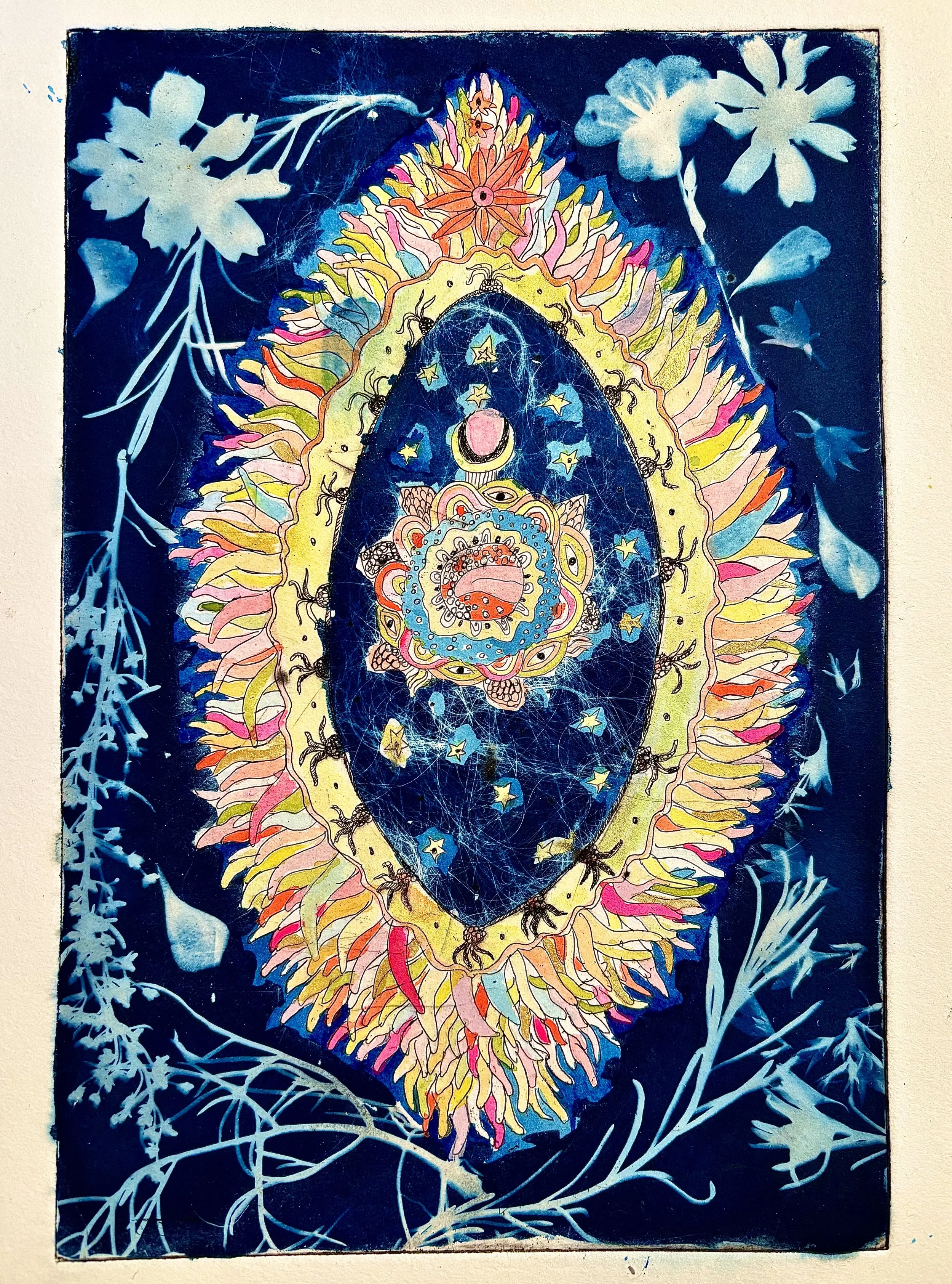 Cosmic Egg (cyanotype and hand colored copperplate etching)