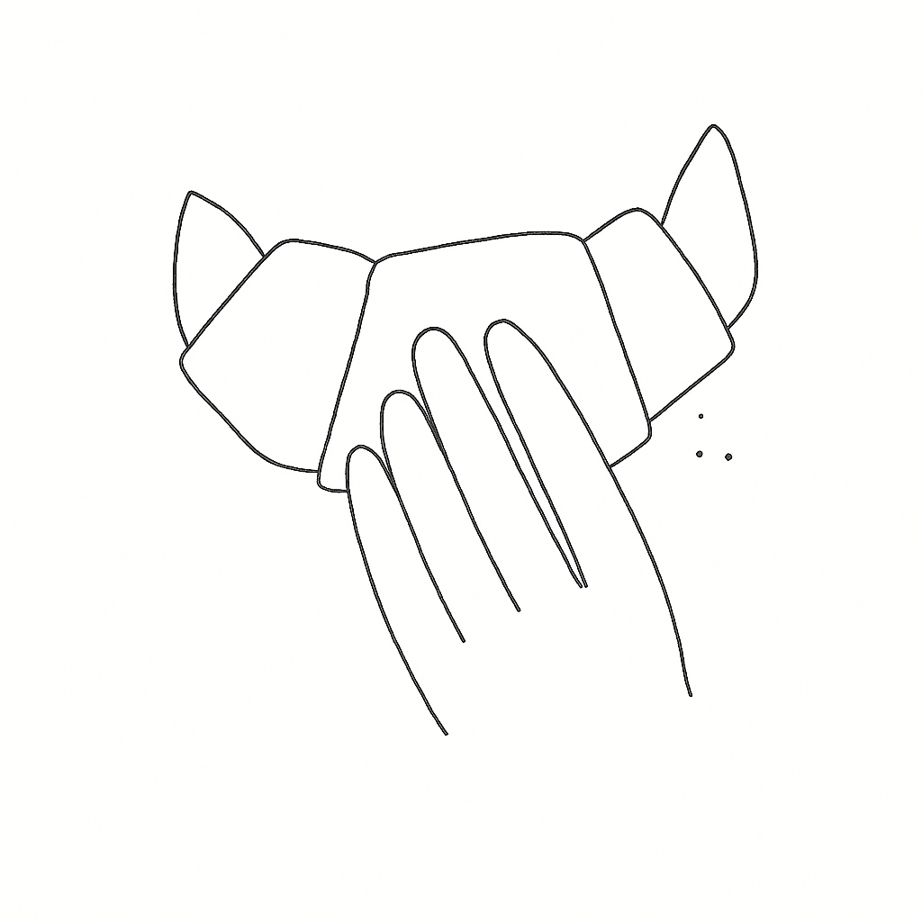 Line drawing of a hand holding a croissant with a few crumbs near it.
