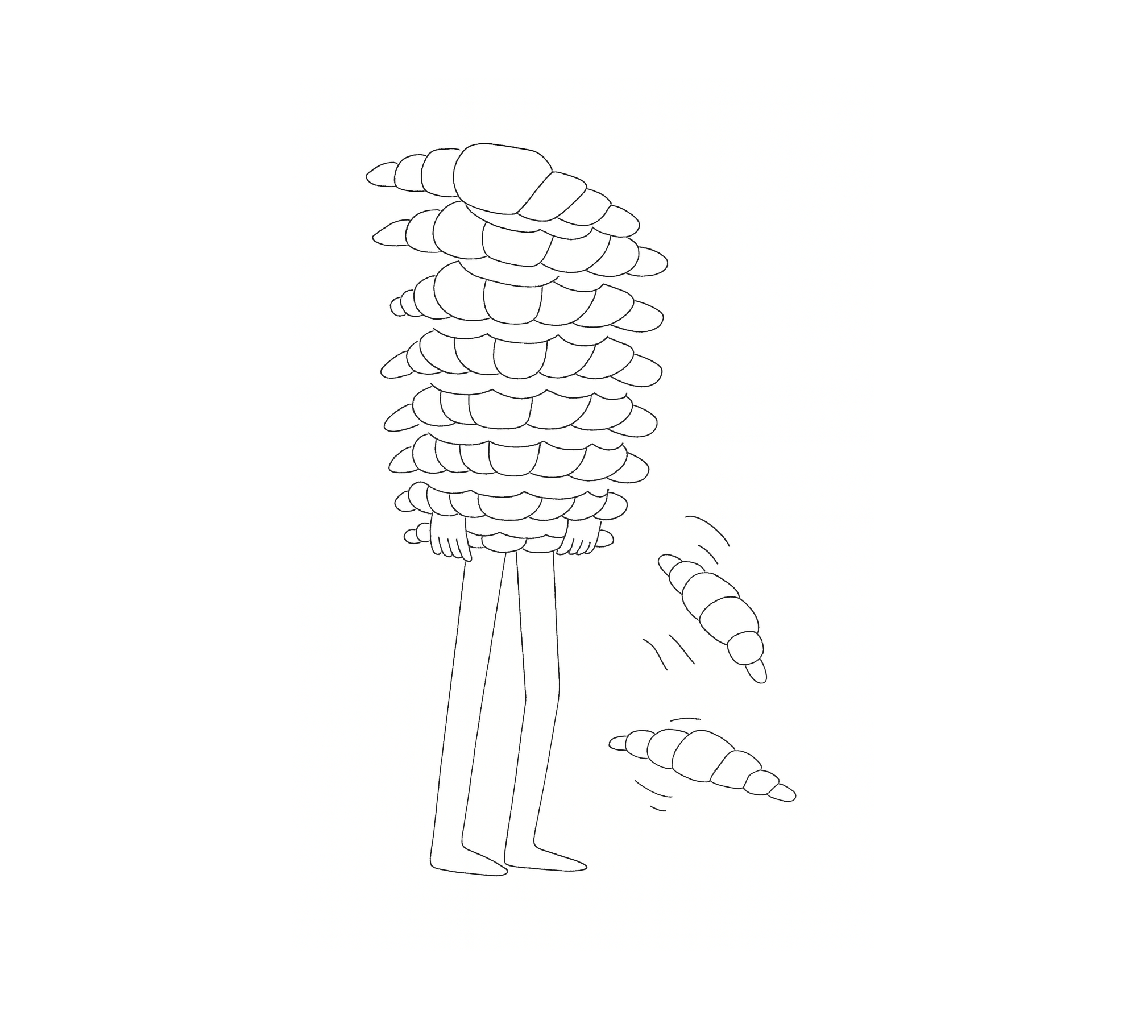 A black-and-white drawing of a person holding a stack of croissants.