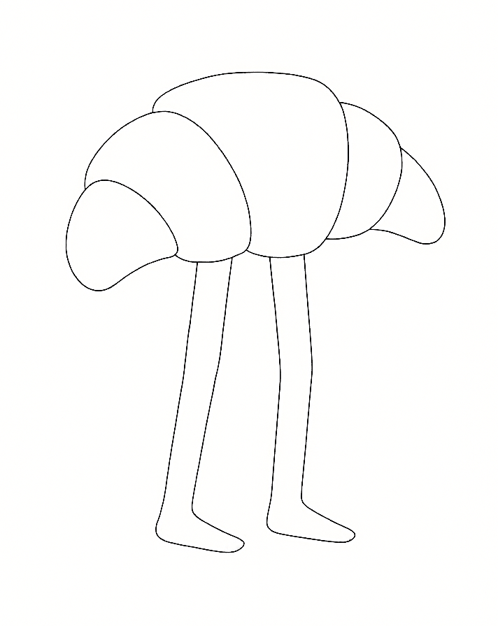 An abstract line drawing of a croissant with two long legs, and no visible arms or face.