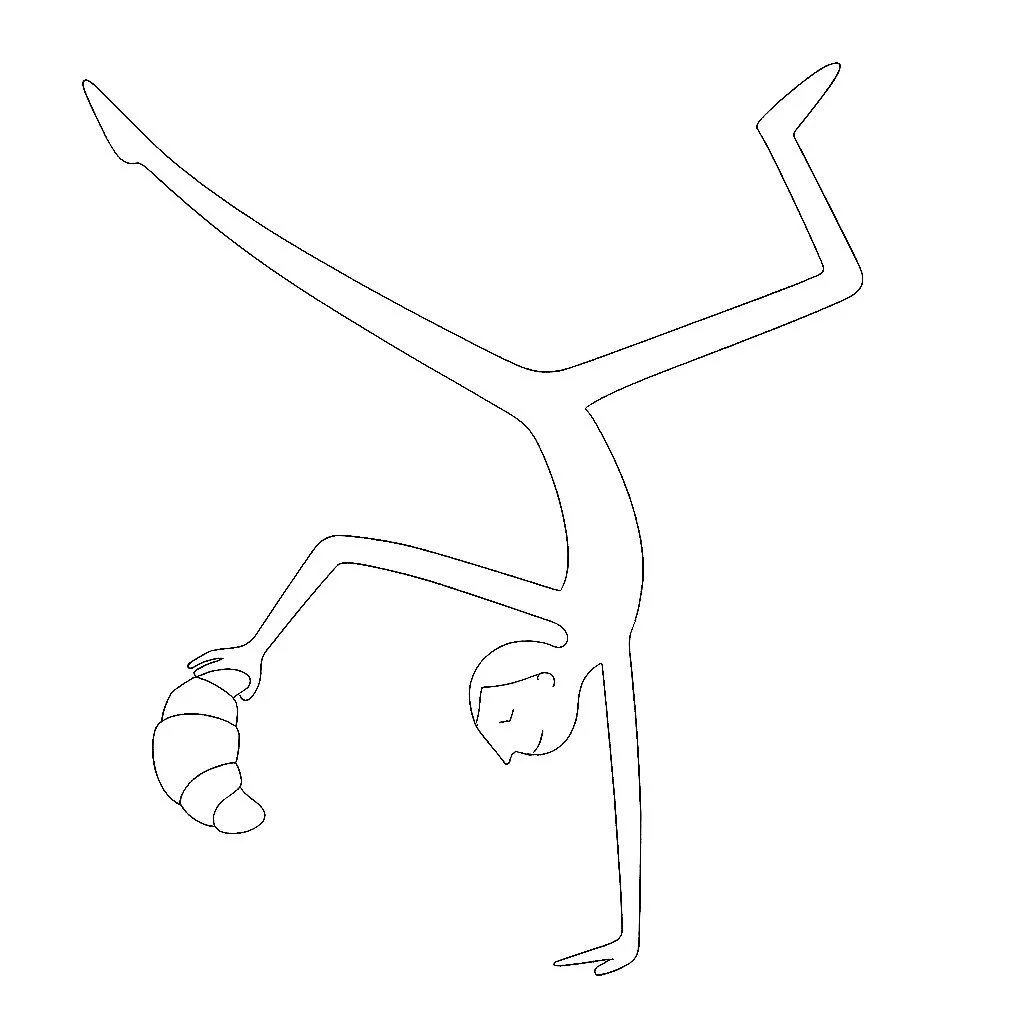 Minimalist line drawing of a person doing a one-arm handstand, with legs split and head facing downward holding a croissant.