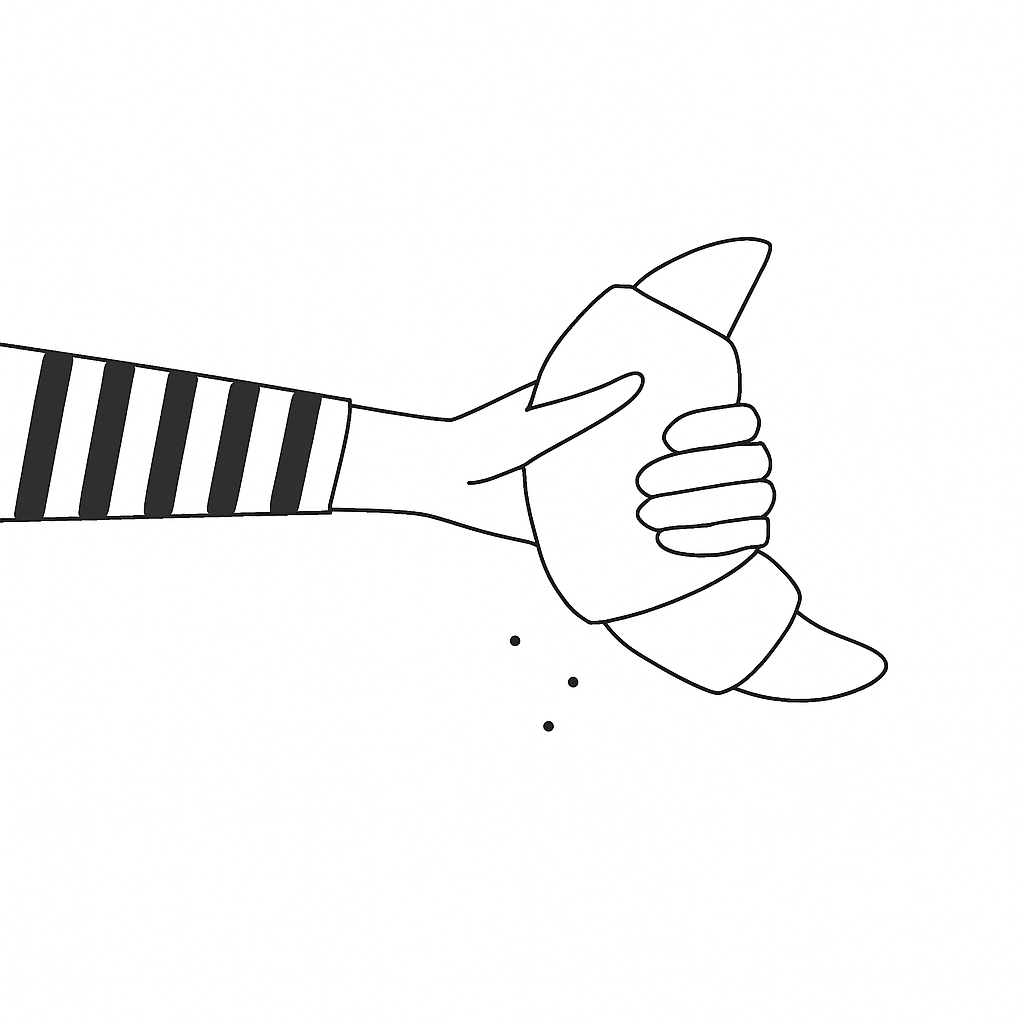 Black and white line drawing of a hand with a striped sleeve holding a croissant.
