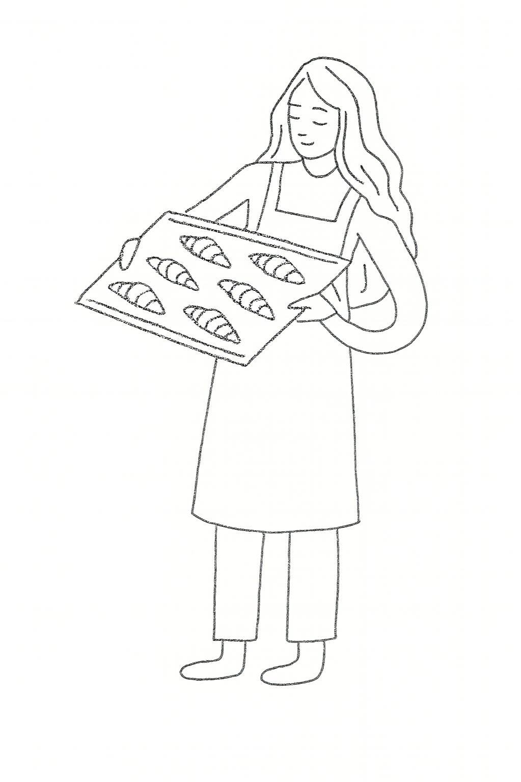 Line drawing of a woman holding a baking sheet with croissants.