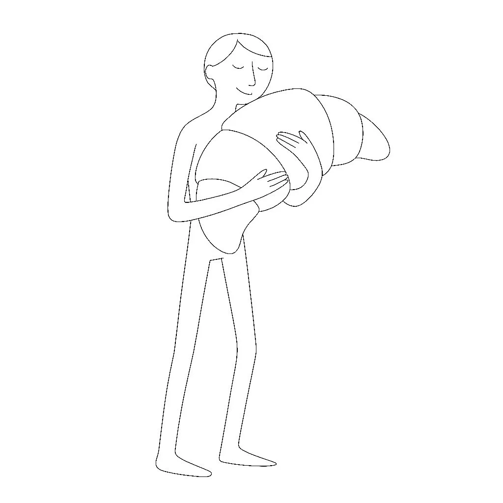 A simple line drawing of a person holding a large croissant, with their eyes closed and a gentle expression.
