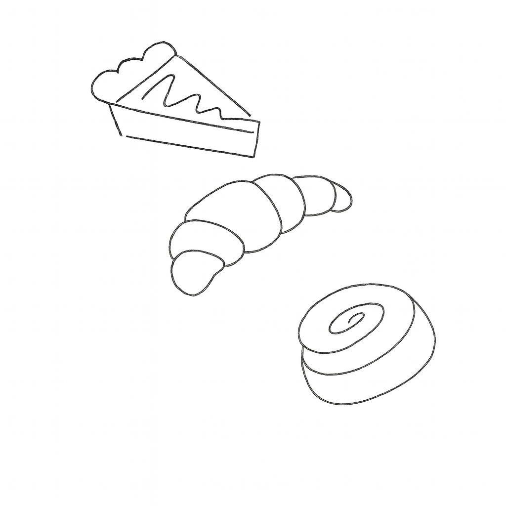Line drawing of a slice of cake, a croissant, and a cinnamon roll.