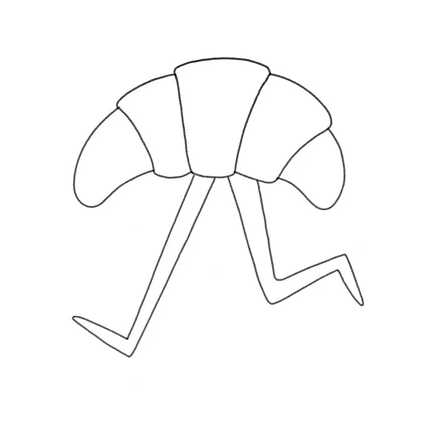 Line drawing of a croissant with legs running.