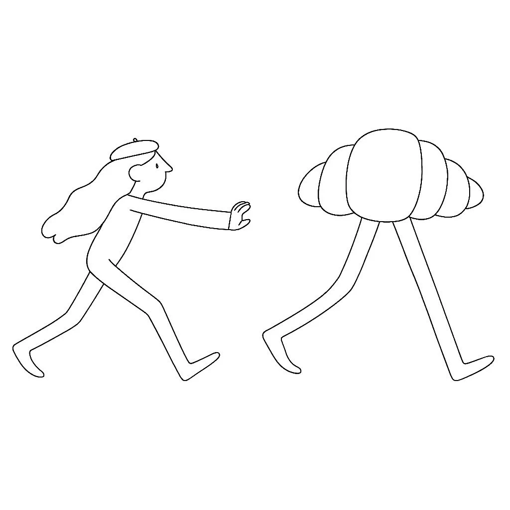 A simple line drawing of a girl with long hair wearing a beret, running and reaching out towards a large, abstract croissant with legs.