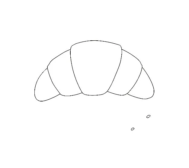 Line drawing of a croissant with crumbs.