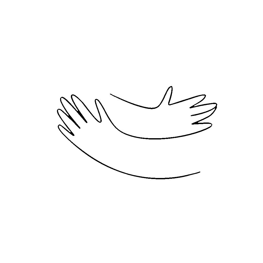 A simple black line drawing of two hands reaching towards each other.