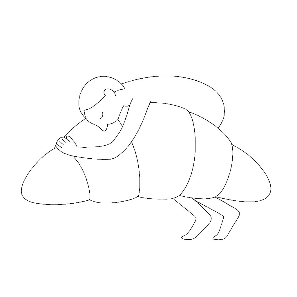 Abstract line drawing of a person hugging a large croissant, eyes closed.