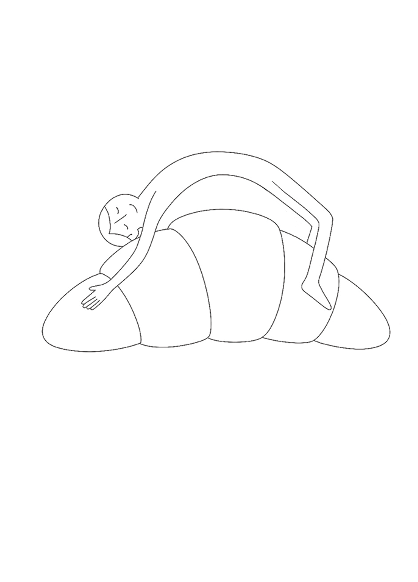 An abstract line drawing of a person floating above a large croissant