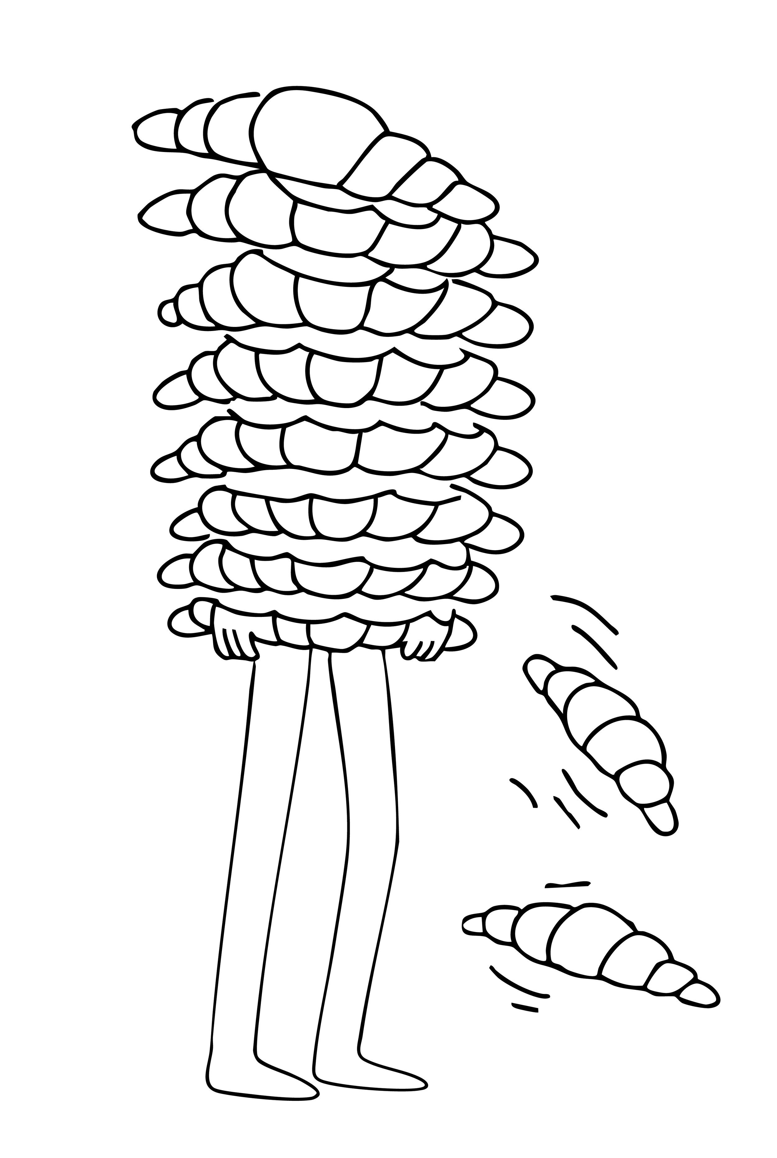 Black and white line drawing of a person with a large stack of croissants. Two croissants are falling down.