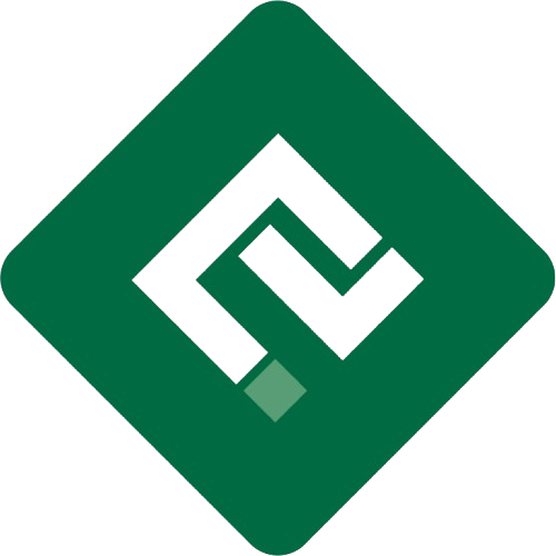 A green diamond-shaped logo with a black and green stylized spiral or maze design inside.