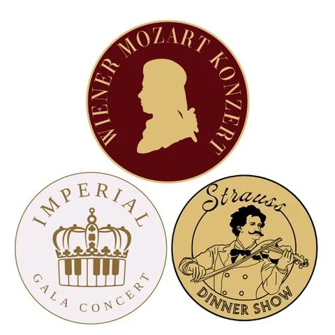 three round logos which display Wiener Mozart Konzert, Imperial Gala concert, Strauss Dinner Show