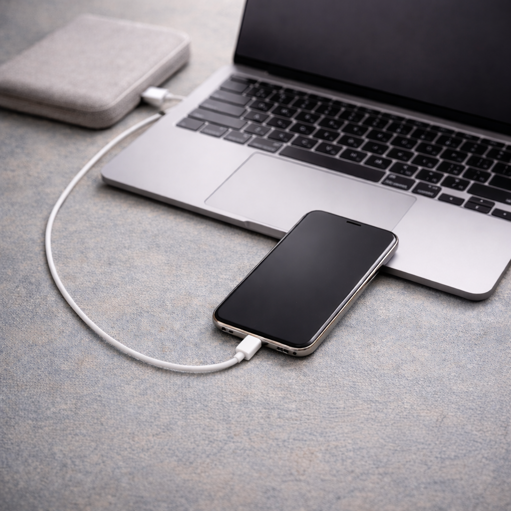 A silver laptop connected to a smartphone via a white charging cable on a textured surface.