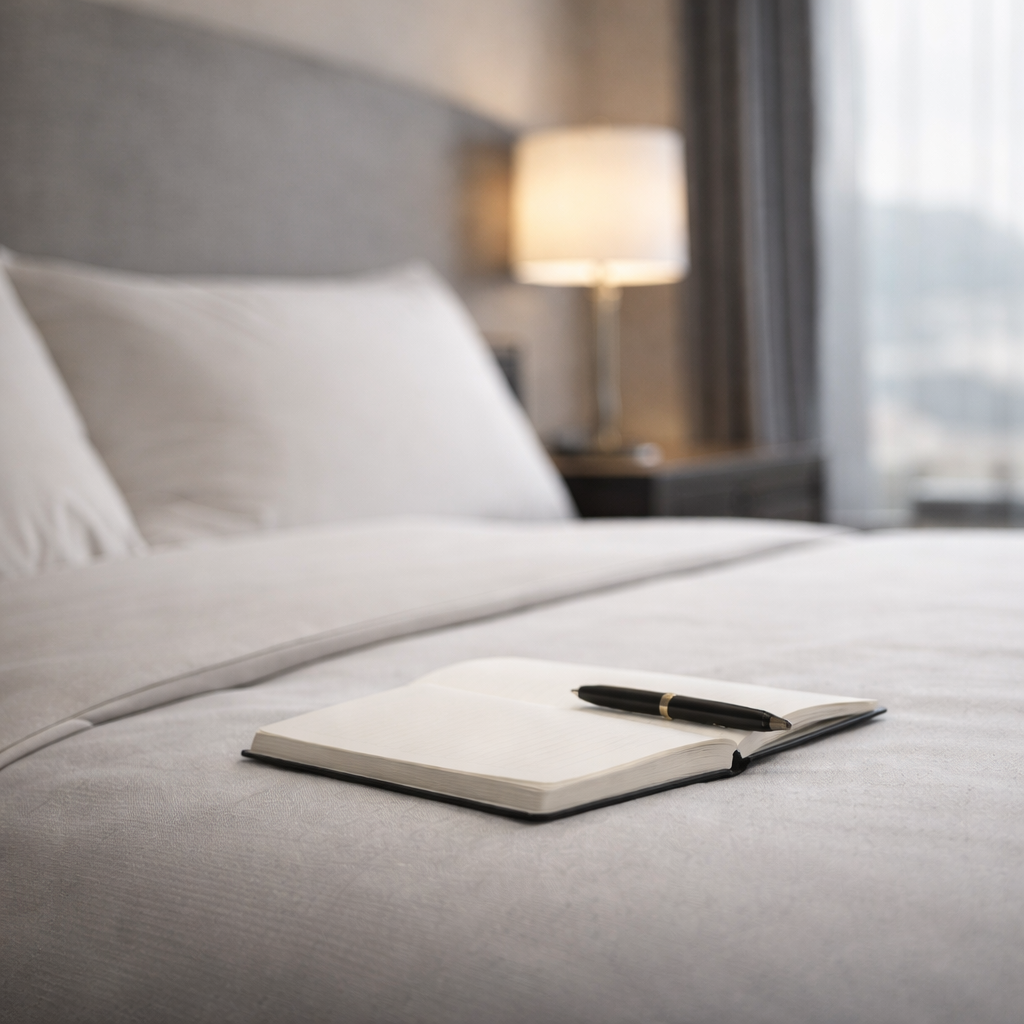 Open blank notebook with a black pen resting on top, placed on a neatly made bed in a hotel room, with a lamp and curtains in the background, which stands for the services Ultsch Consult offers for Hotels in Europe.