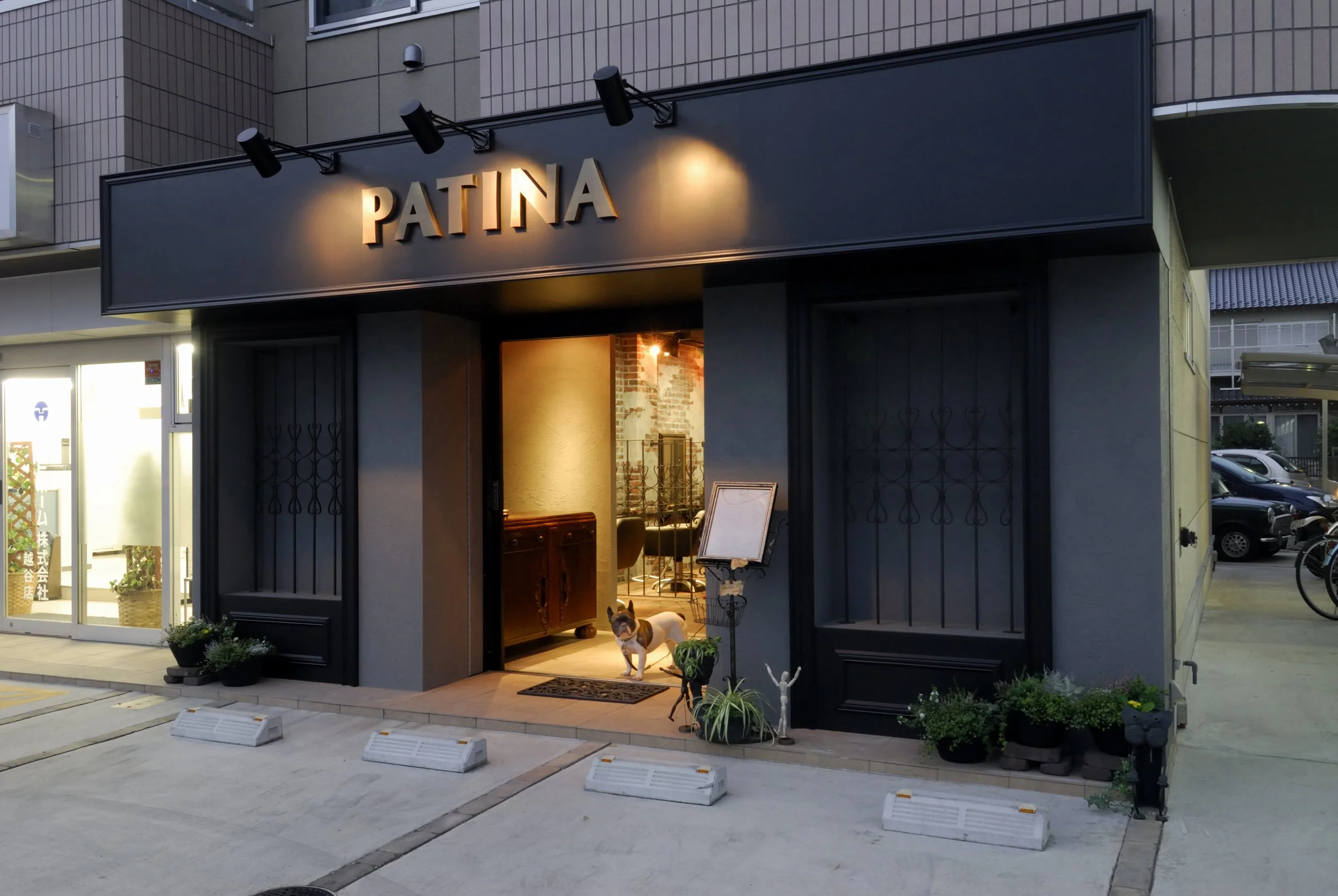 建物の入口に「PATINA」と書かれた看板があり、室内の照明が見える。前に犬が座っている。
