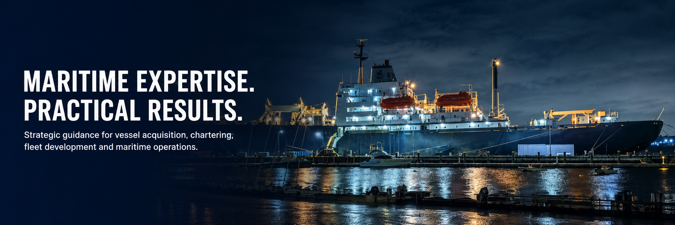 Commercial vessel at a port representing Schuyler Logistics’ maritime consulting, vessel acquisition, chartering, fleet development and operational advisory services.