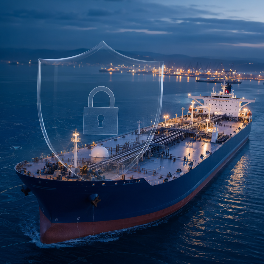 Oil tanker at sea with a digital overlay of a shield and padlock symbol representing cybersecurity.