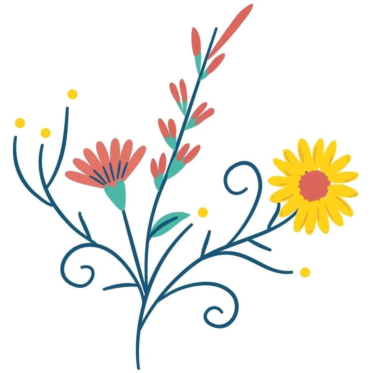 Stylized illustration of a bouquet with colorful flowers, including yellow, pink, and teal blooms, with swirling teal stems and small yellow dots.