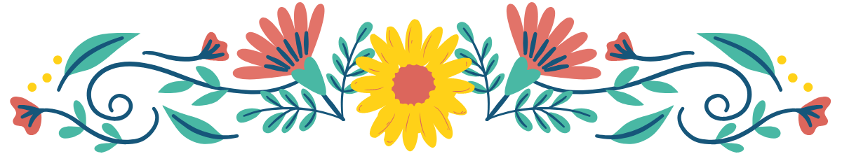 Colorful floral border with pink, yellow, and blue flowers and green leaves on a black background.