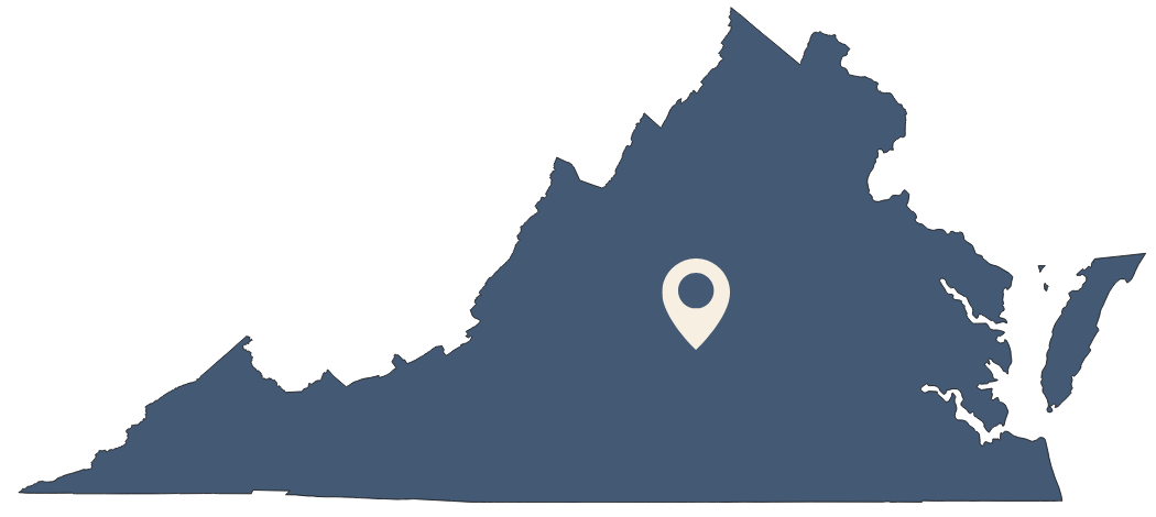 Map of Virginia with a location marker in the central part of the state.