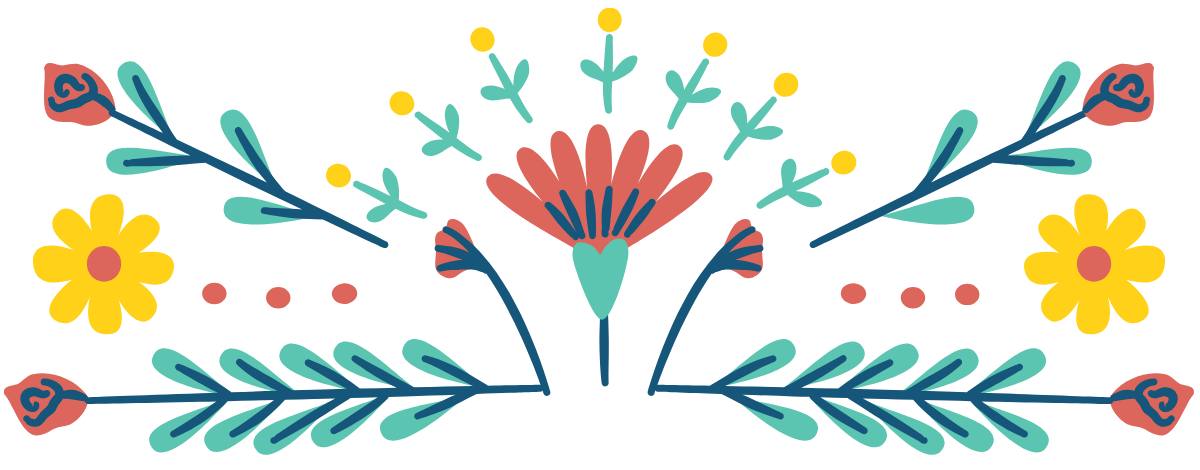 Colorful floral decorative pattern with yellow flowers, pink buds, blue and pink leaves, and a central pink flower.