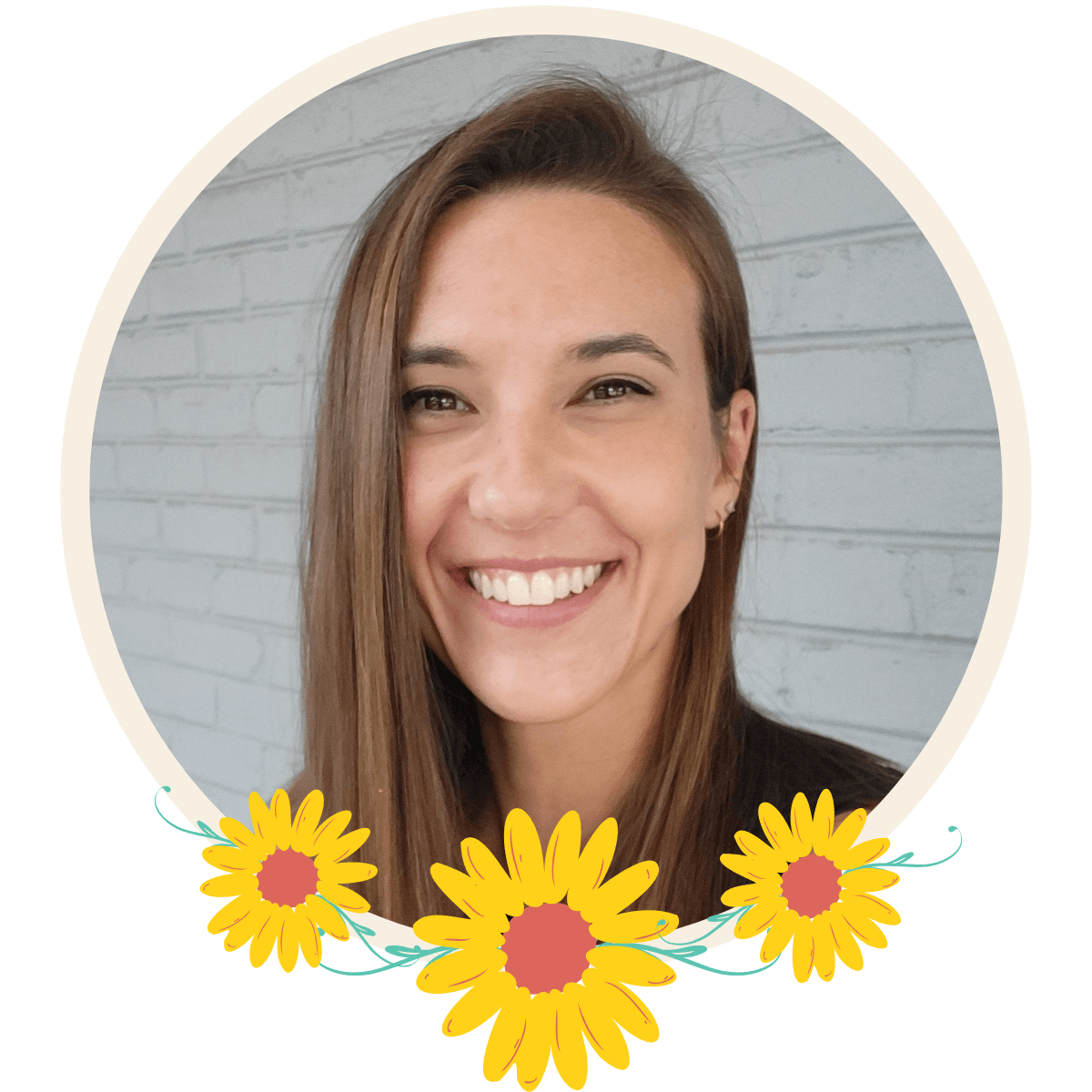 Smiling woman with long brown hair, wearing earrings, against a light gray brick wall, framed with a floral border of yellow sunflowers.