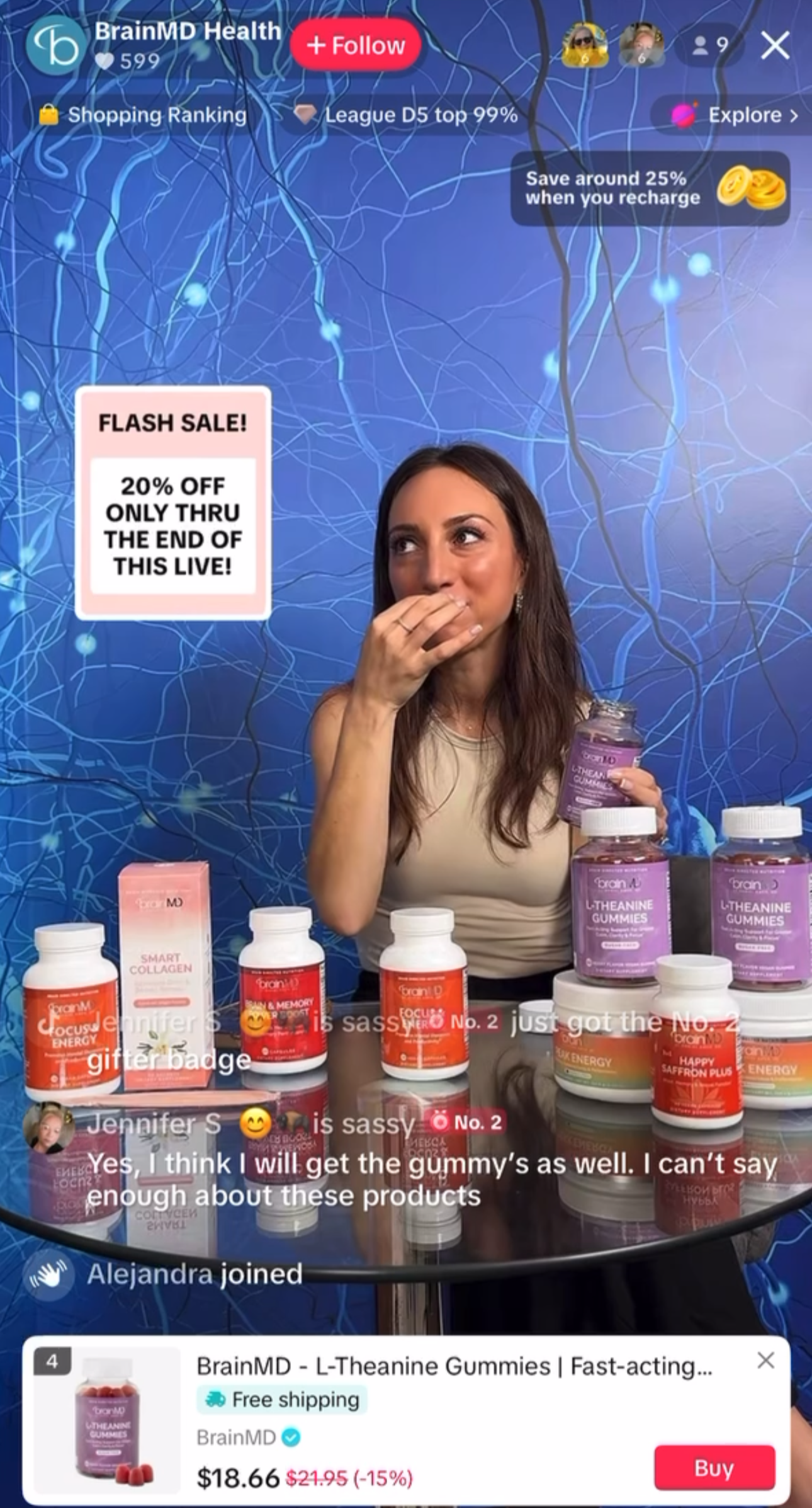 Woman in beige top promoting BrainMD health supplements, including L-Theanine gummies and other vitamins, at a live sale event with a blue neural network background, promotional banners, and chat comments overlayed.