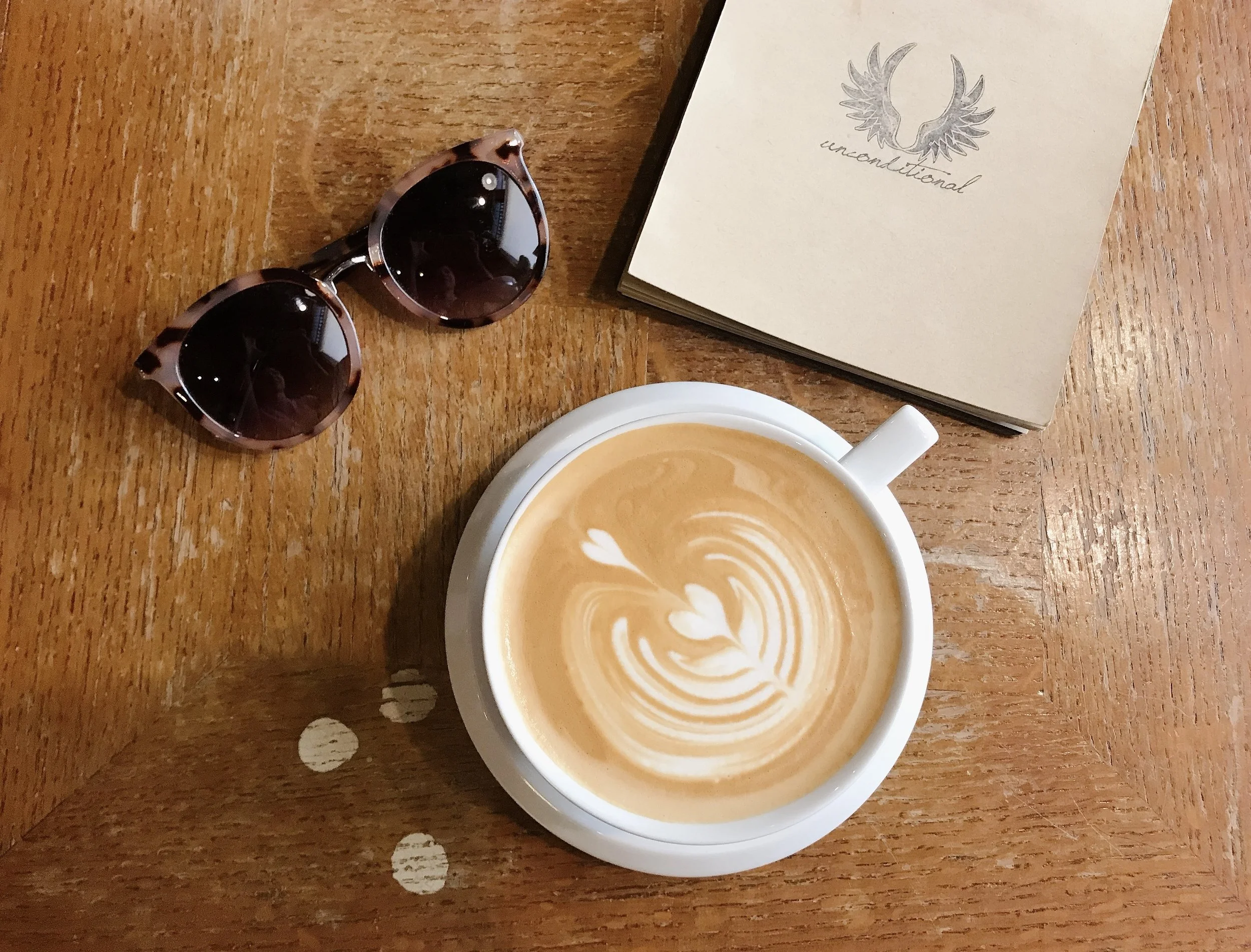 Coffee Photography - Latte art, book and sunglasses.jpg