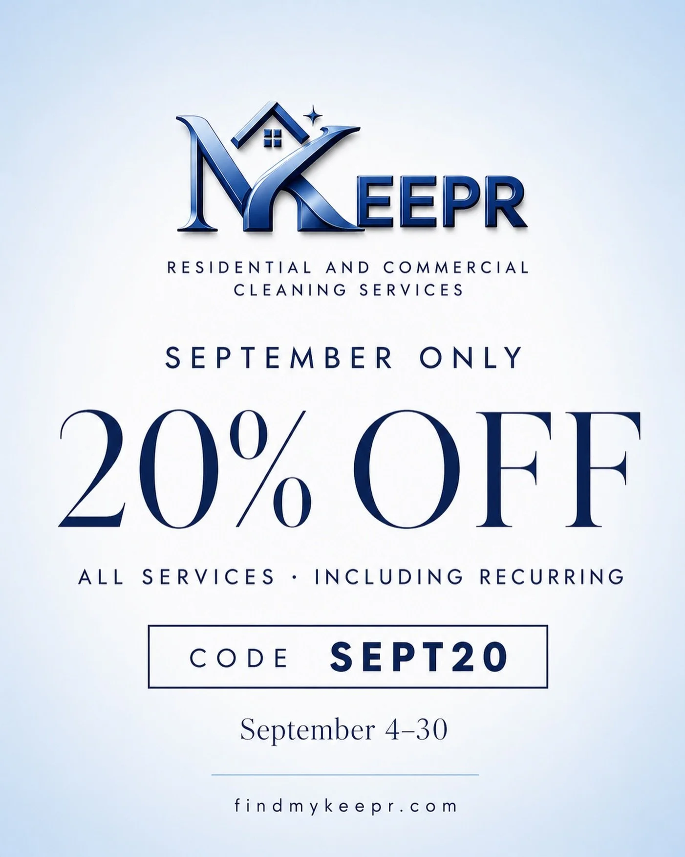 September just got a little cleaner. ✨🧹

Enjoy 20% OFF all My Keepr cleaning services from September 4&ndash;30 with code SEPT20. 🤍

Whether your home needs a reset, you&rsquo;re moving in or out, managing an Airbnb, or your business needs a profes