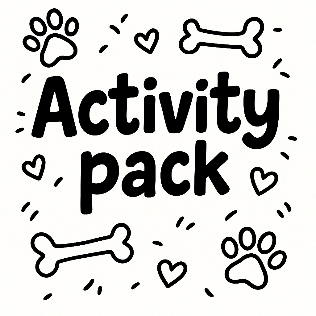 A black and white illustration with the words 'Activity Pack' in bold letters, surrounded by paw prints, hearts, and bones.