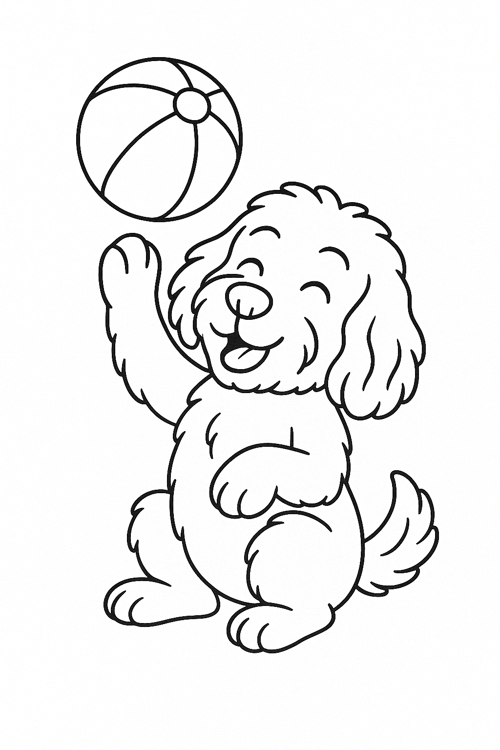 Coloring page of a happy dog playing with a beach ball.