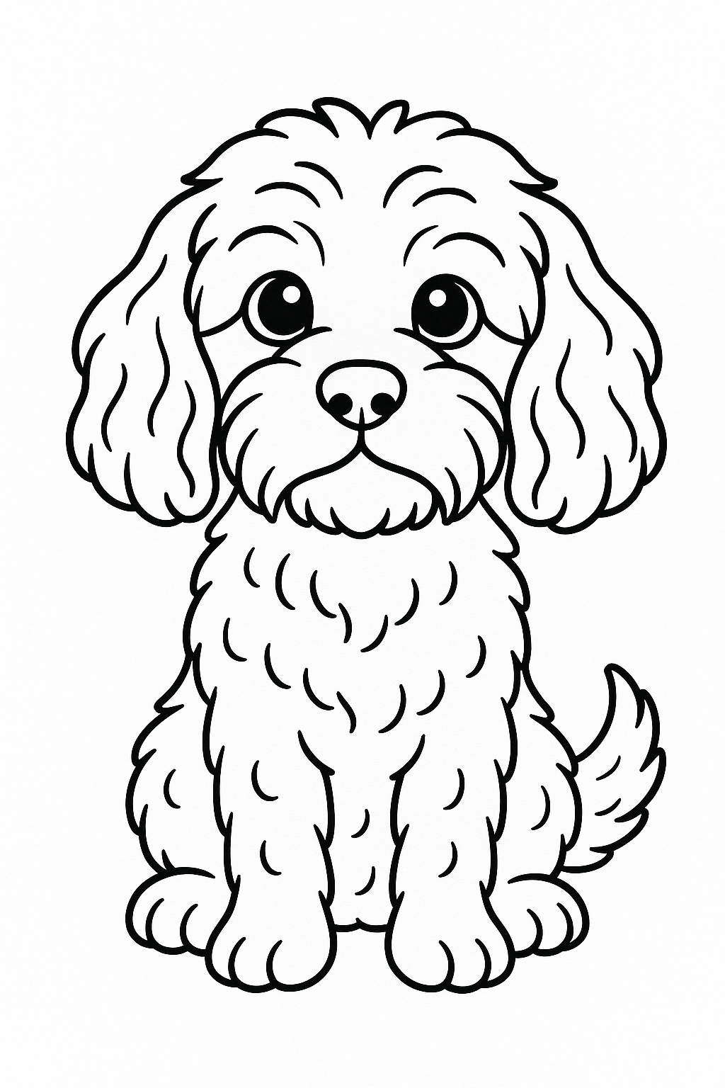 Black and white coloring page of a cute, fluffy puppy with big eyes and floppy ears, sitting and facing forward.