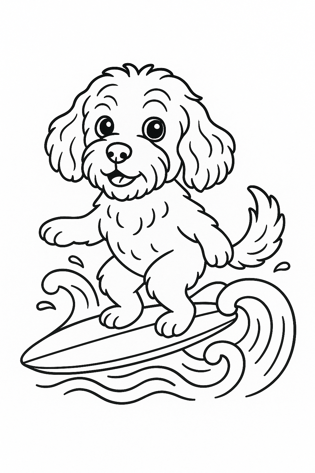Line drawing of a cute dog with floppy ears riding a surfboard on waves.