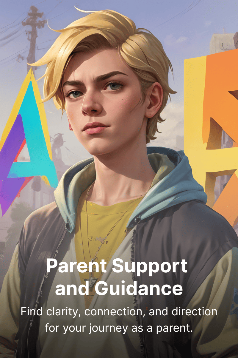 A young person with blonde hair standing outdoors. They are wearing a yellow shirt, layered with a gray hoodie and a black jacket. There are colorful flags and a support sign in the background, suggesting a rally or event. The text overlay reads "Parent Support and Guidance," emphasizing finding clarity, connection, and direction for parents.