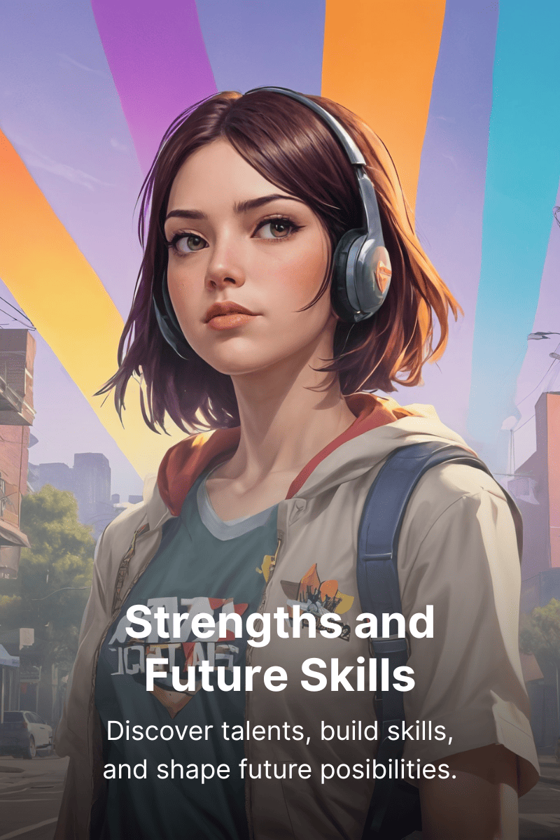 A young woman with shoulder-length brown hair, wearing headphones, a graphic t-shirt, and a beige jacket, standing outdoors in an urban setting with buildings and power lines, and colorful rays in the background.