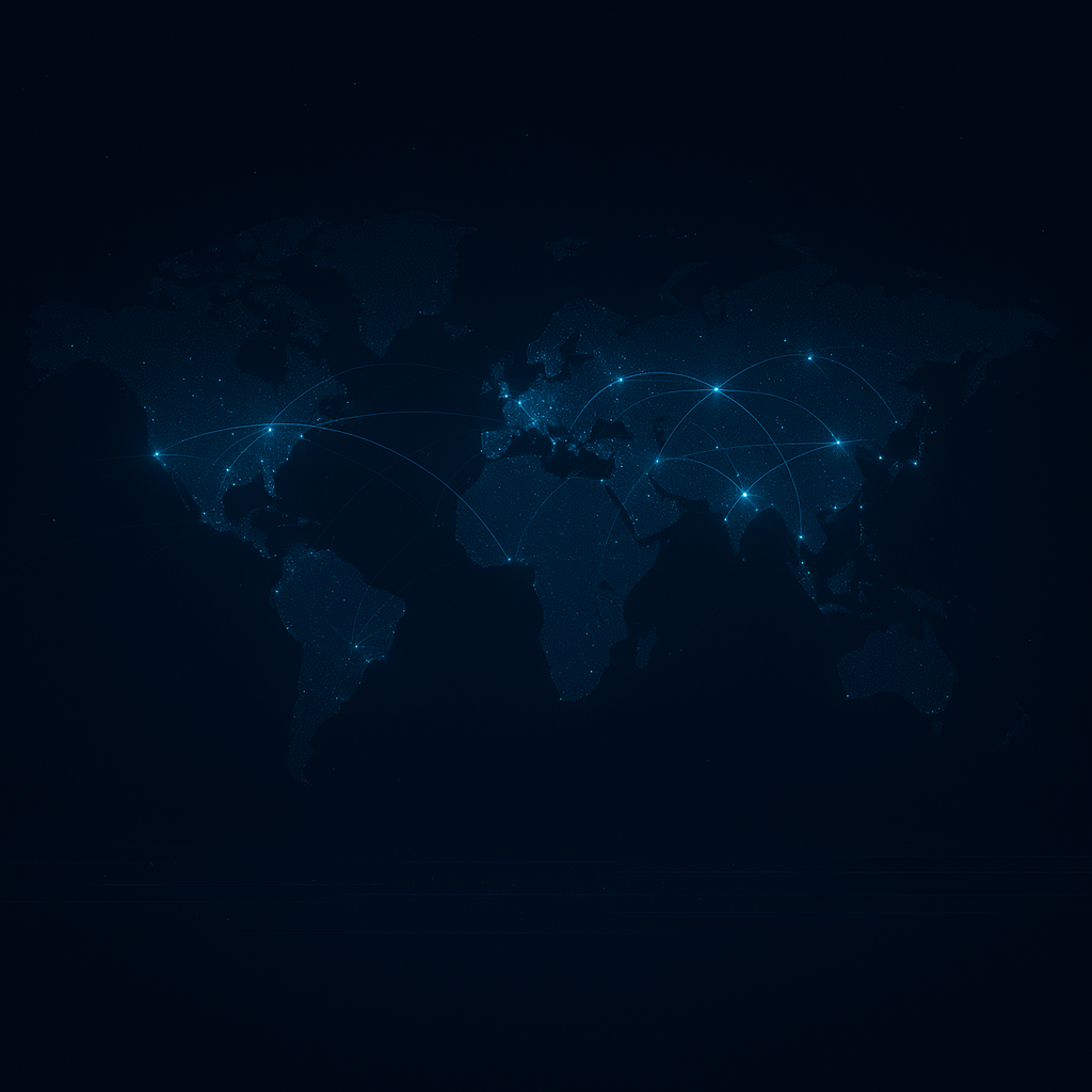 Mapa del mundo en tonos oscuros con conexiones luminosas entre países.
