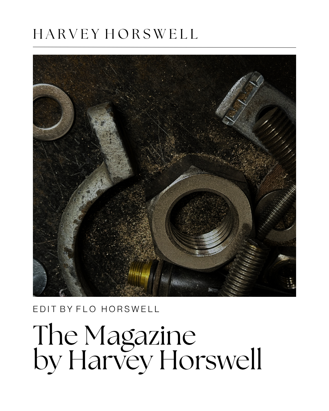 Close-up of mechanical parts, including nuts, bolts, and washers, on a dark surface.