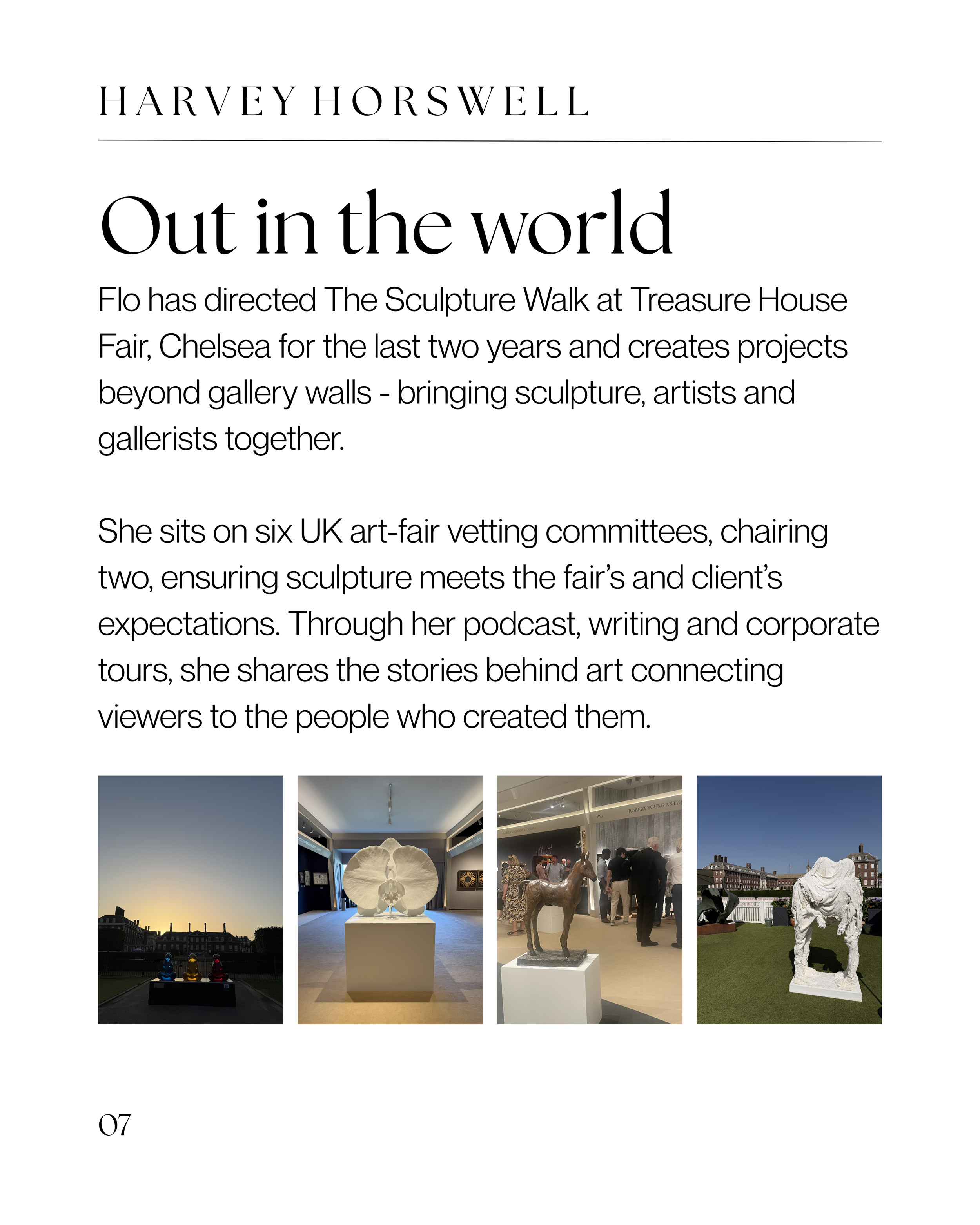 A collage of images from an art exhibition, including sculptures in a gallery, visitors viewing art, and outdoor statues at Treasure House Fair.