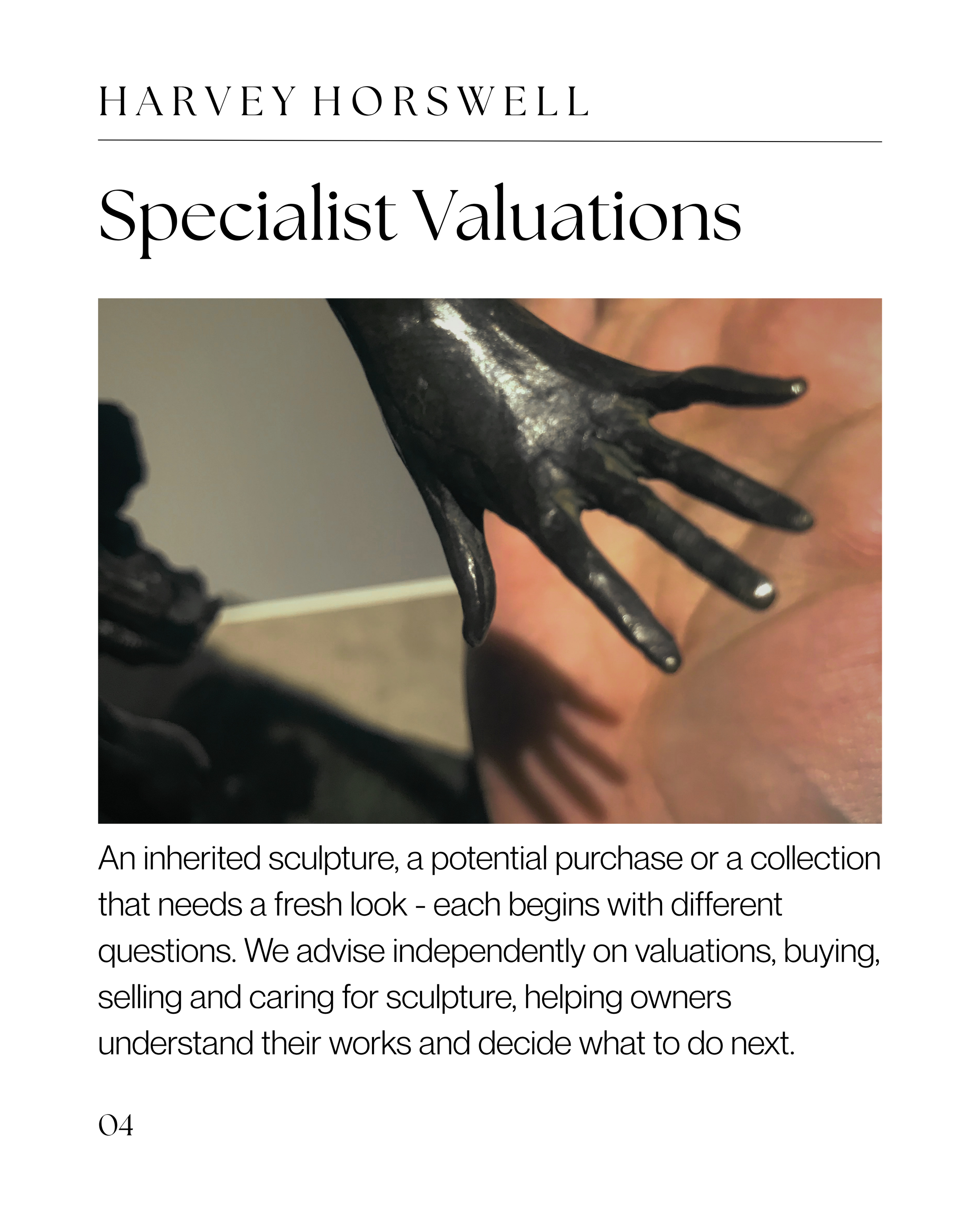 Page from a catalog showcasing a sculpture of a human hand painted black, with text about sculptures and valuations.