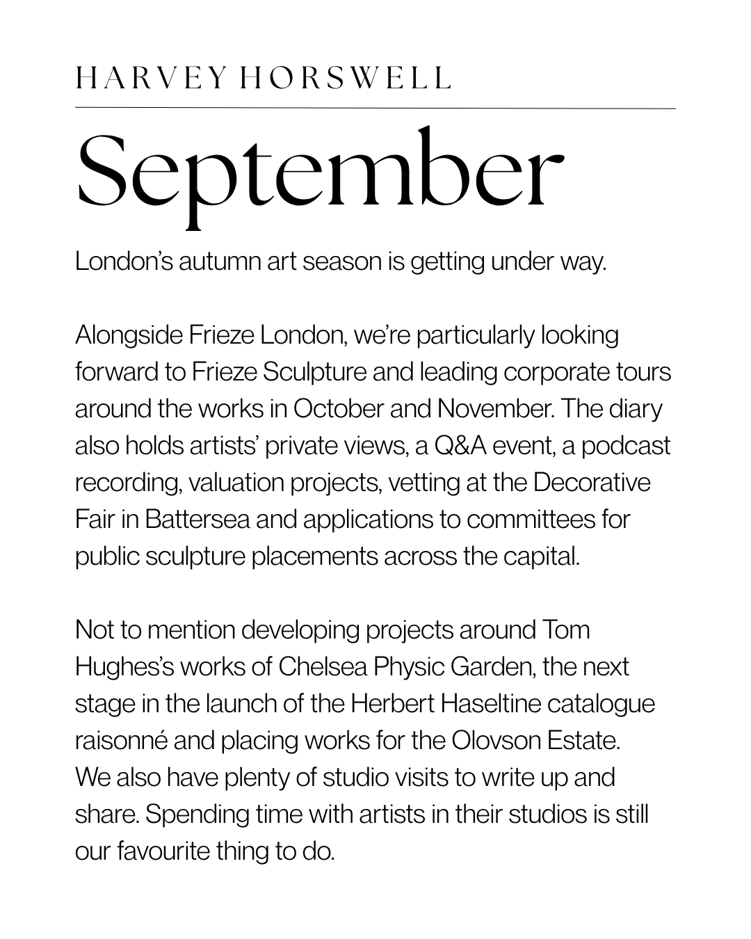 Text describing London's September art events, including Frieze London, sculpture tours, private views, a Q&A, podcast recording, valuation projects, and public sculpture placements.
