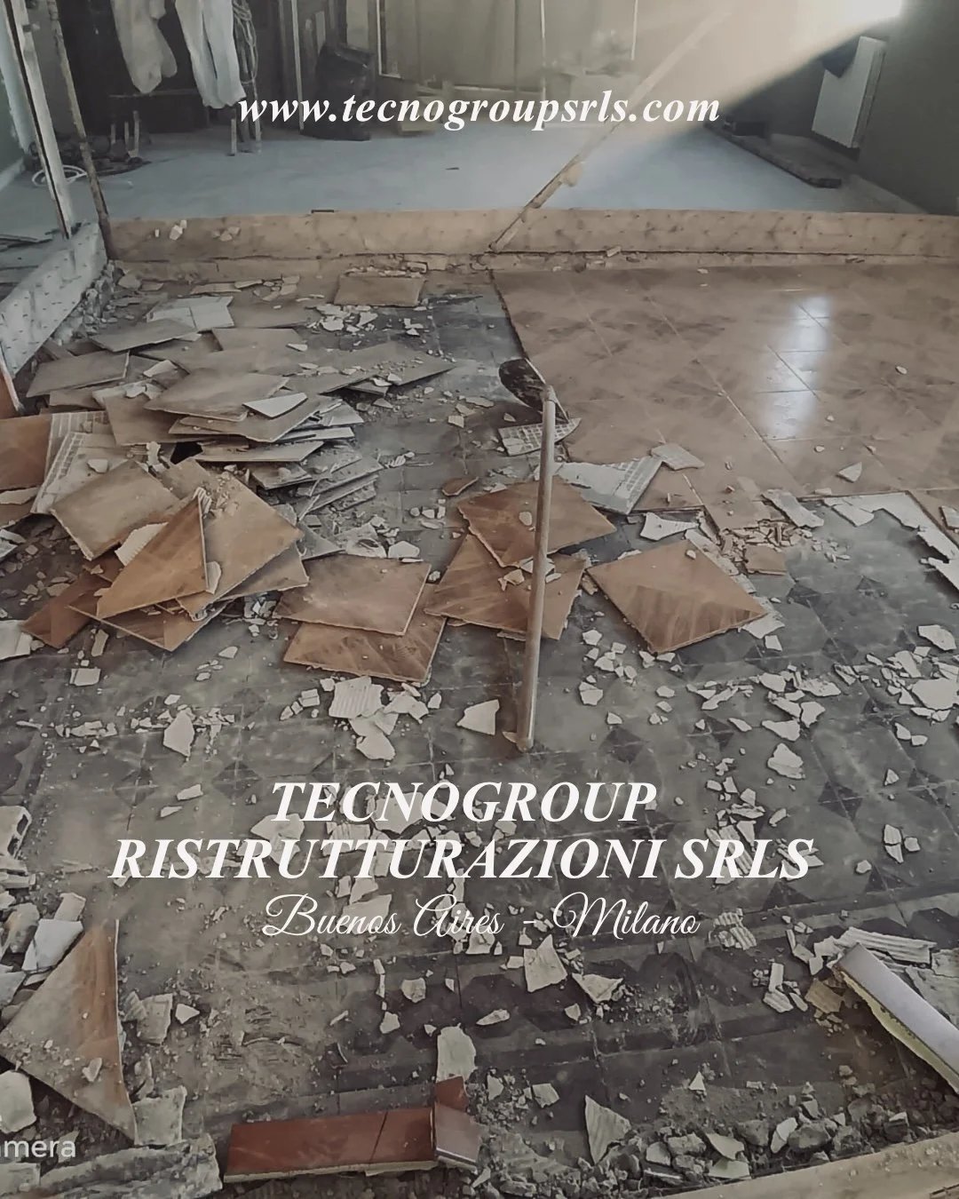 A room with debris, broken tiles, and wooden planks on the floor, indicating a space under renovation or demolition. Overlaid text reads: "www.tecnogroupsrls.com," "TECNOGROUP RISTRUTTURAZIONI SRLS," and "Buenos Aires - Milano."
