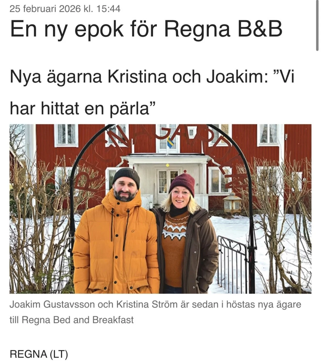 Har ni L&auml;nstidningen? P&aring; de kallaste av dagar, fick vi &auml;ran att intervjuas! 

Prenumerera p&aring; nyheter fr&aring;n l&auml;net och l&auml;s hela artikeln p&aring; https://lanstidningen.se/prenumeration/

#regnabedandbreakfast #regna