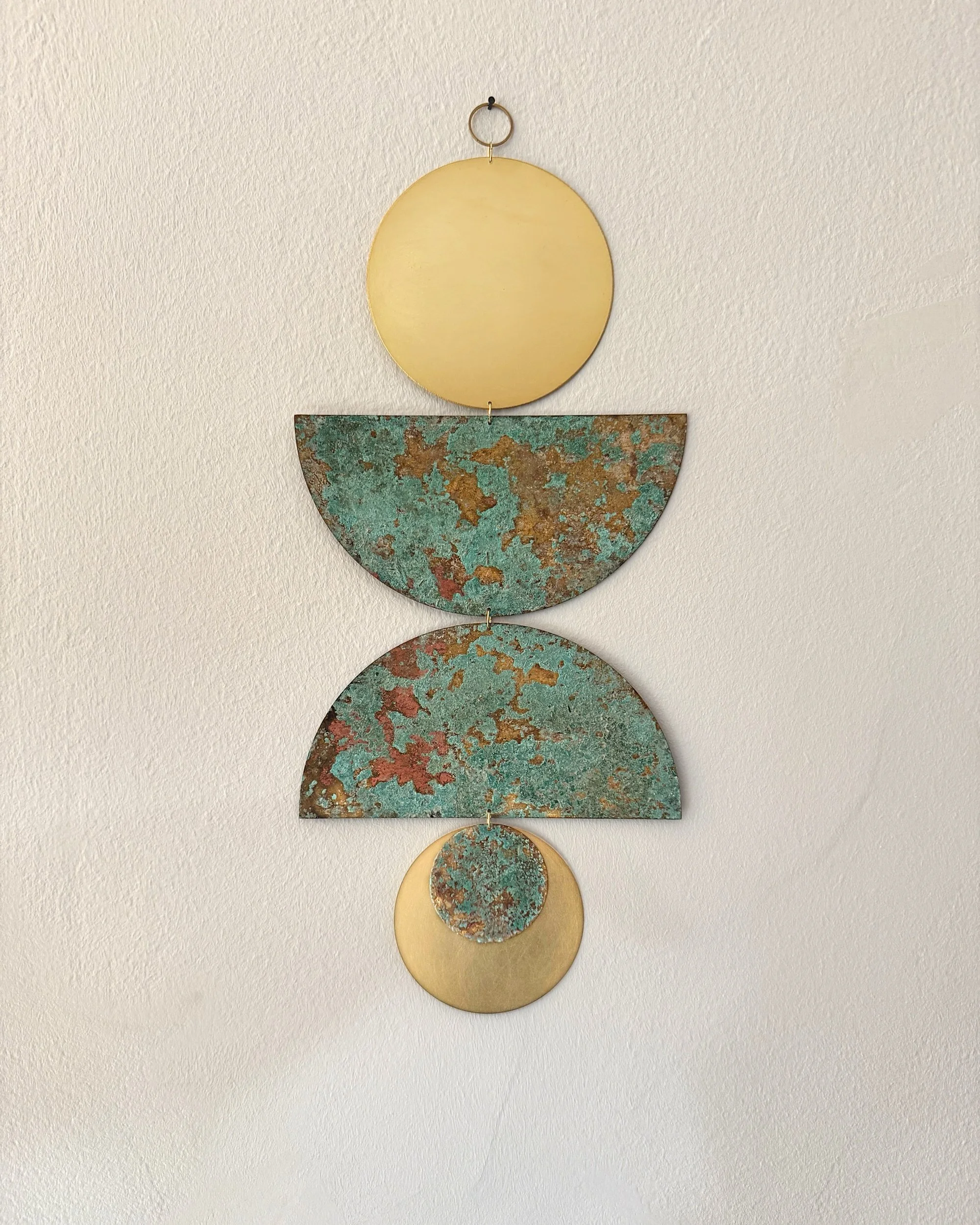 SAMAY handmade brass wall hanging with teal, gold and dusty rose patina