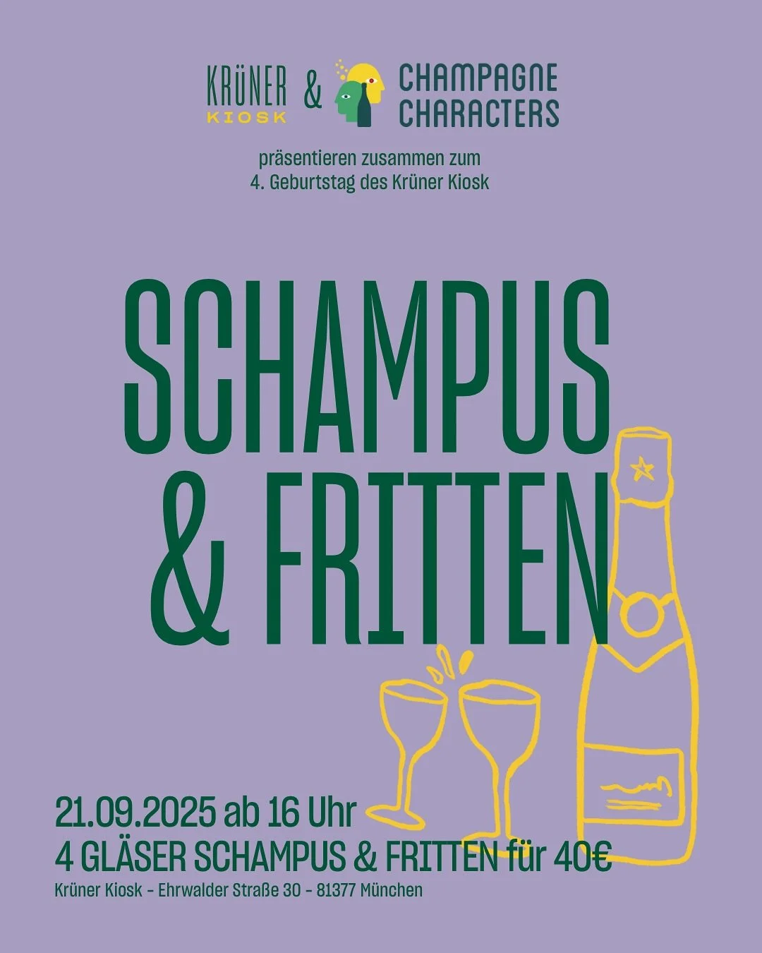 🎉 4 Jahre Kr&uuml;ner Kiosk 🎉
Und wir feiern, wie es sich geh&ouml;rt: mit Schampus &amp; Fritten! 🥂🍟

Am 21.09. ab 16 Uhr sto&szlig;en wir zusammen mit @champagnecharacters auf unseren Geburtstag an.
👉 4 Gl&auml;ser Schampus &amp; Fritten f&uum
