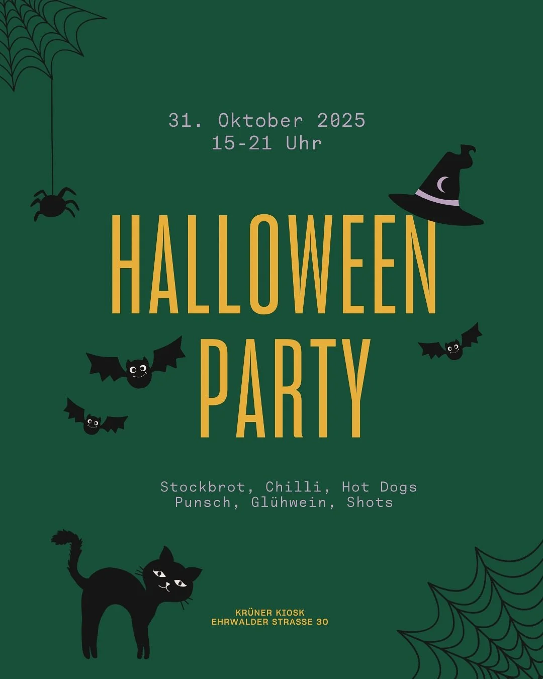 HALLOWEEN! 

🎃 Halloween am Kr&uuml;ner Kiosk &ndash; 31. Oktober | 15&ndash;21 Uhr 👻
Feuer, Kost&uuml;me, Snacks &amp; hei&szlig;er Punsch im Westpark &ndash; wir machen&rsquo;s gem&uuml;tlich-gruselig.

F&uuml;r die Kids gibt&rsquo;s &bdquo;S&uum