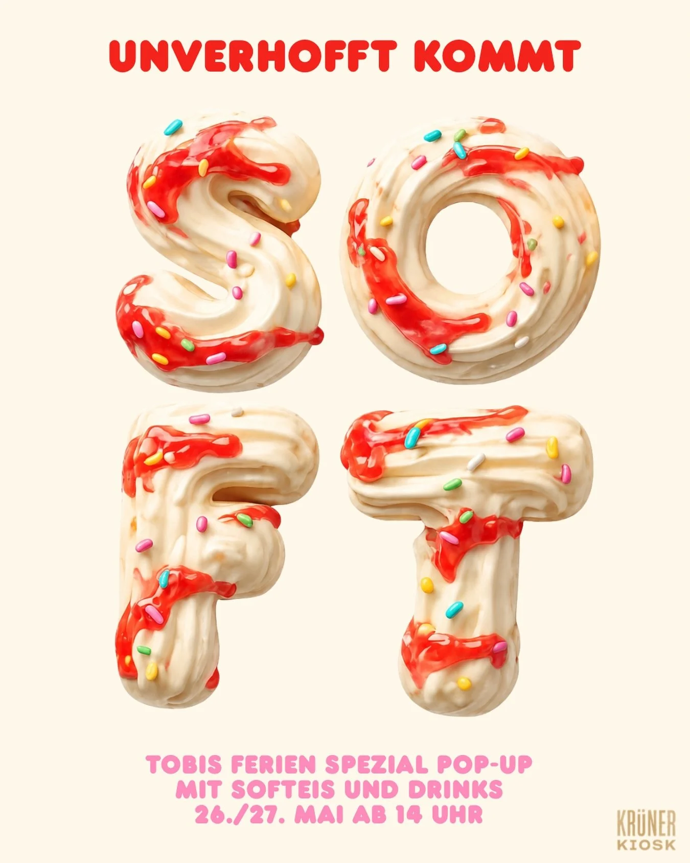 UNVERHOFFT KOMMT SOFT

Dienstag &amp; Mittwoch
Ferien-Special am Kr&uuml;ner Kiosk
ab 14 Uhr

Softserve.
Affogato.
Spritz.
Wein.
Kaffee.

Dazu:
Wiese, Sonne,
Kartenspiele &amp; Feierabend.

Klappst&uuml;hle zum Ausleihen
stehen bereit.

Keine gro&szl