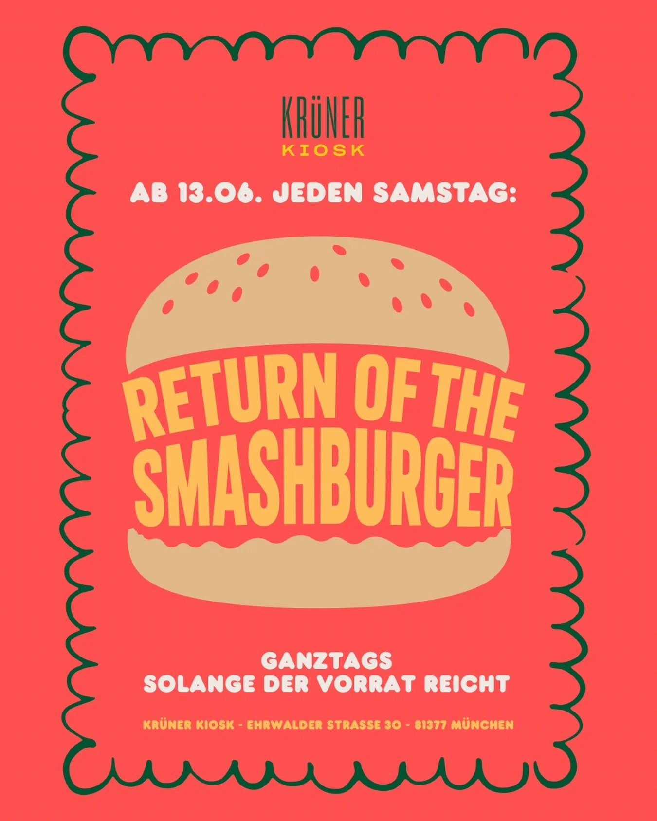 RETURN OF THE 💥💪🍔

Unser allseits beliebter Smashburger ist zur&uuml;ck! 
Ab 13.06. jeden Samstag, den ganzen Tag! 
Aber immer nur solange der Vorrat reicht, also nicht zu sp&auml;t kommen!